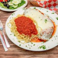 Chicken Parmigiana · Served with side of pasta.
