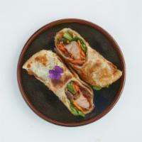 Duck Roll · Delicious crispy duck, cucumber, mint, scallion, carrot, wrapped in roti bread with hoisin-t...