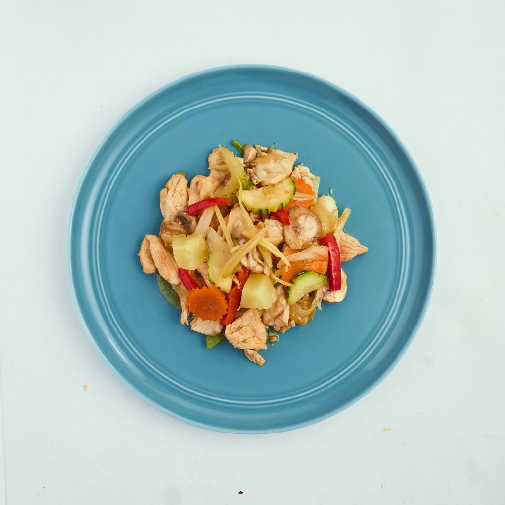 Healthy Ginger · Sauteed with pineapple, mushroom, onion, celery, bell pepper, carrot and fresh julienned ginger.