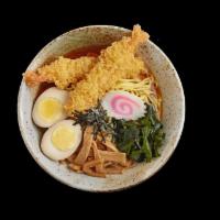 Shoyu Ramen · Ramen noodle in shoyu soup on top with shrimp tempura, boiled egg, menma bamboo shoot, scall...