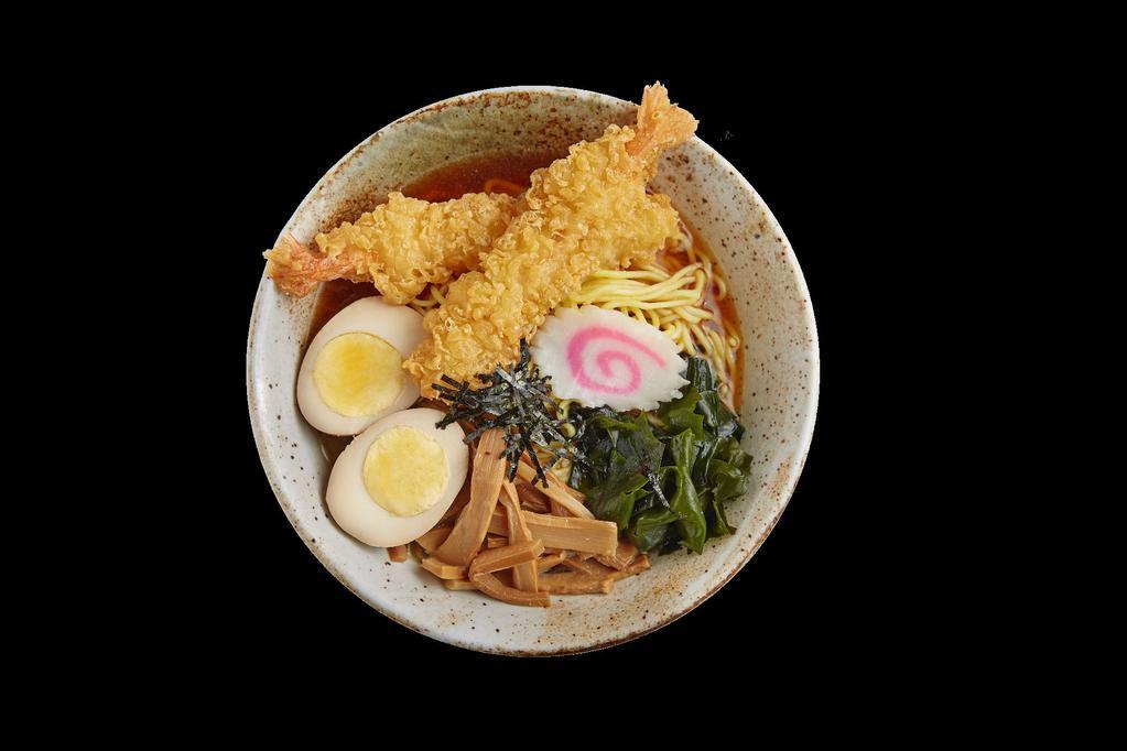 Shoyu Ramen · Ramen noodle in shoyu soup on top with shrimp tempura, boiled egg, menma bamboo shoot, scallion, nori, wakame