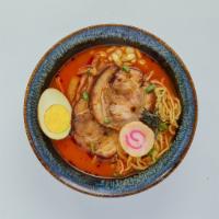 Spicy Miso Ramen · Ramen noodle with chashu pork, menma bamboo, sweet corn, scallion, nori seaweed, soy boiled ...