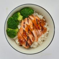Chicken Teriyaki Rice bowl · grilled chicken with teriyaki sauce and steamed broccoli over white rice.
