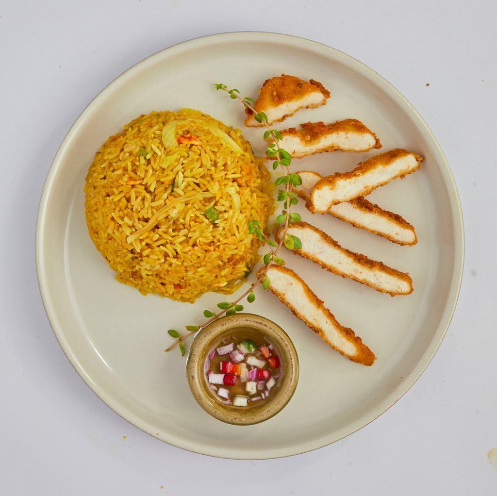 Curry Rice & Chicken  · fried rice seasoning with curry powder, onion, chopped scallion, egg, topped with fried chicken cutlet, served with cucumber sauce.