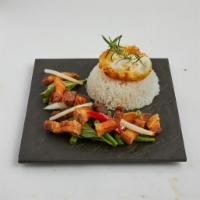 Crispy Pork Belly Basil · Spicy flavor dish with crispy pork, bell pepper, onion and basil leaves. Served with white r...