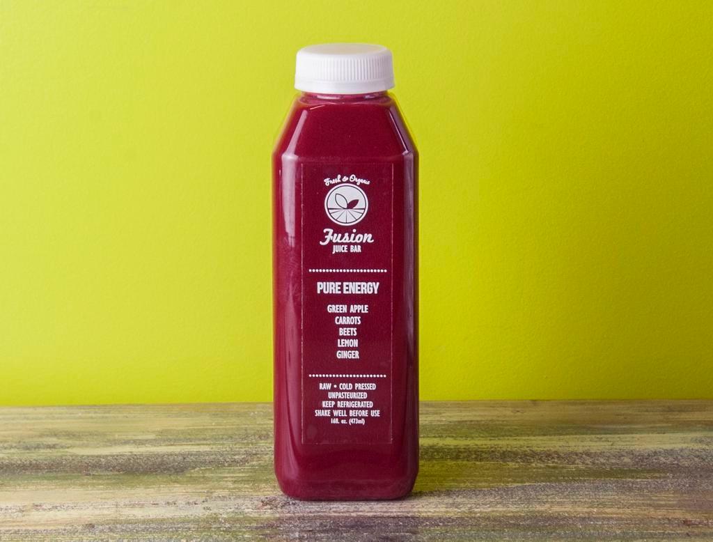 Pure Energy Juice · Carrots, lemon, ginger, beets, and green apples.