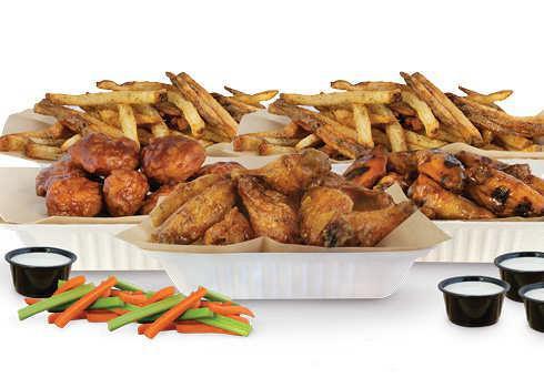 50 Piece Family Pack · 50 Classic (Bone-In) or Crisp Boneless wings with up to 4 sauces, 2 large hand cut fries, 2 veggie sticks and 4 dips
