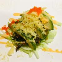 Spicy Tuna Salad · Spicy tuna, green seaweed, black seaweed, cucumber, avocado and tempura crunch on top with c...