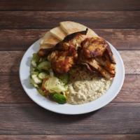 2. Half Grilled Chicken · Served with baba ganoush or hummus, green salad, rice, pita and hot or BBQ sauce.