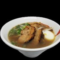 Shoyu Ramen · Chicken Bone Broth. Braised Chashu Pork, Yuzu Zest, Roasted Garlic, Menma, Bean Sprout, Scal...