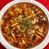 Hot and sour soup  酸辣汤 · Soup that is both spicy and sour, typically flavored with hot pepper and vinegar.