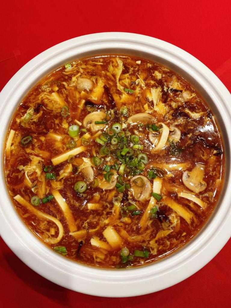 Hot and sour soup  酸辣汤 · Soup that is both spicy and sour, typically flavored with hot pepper and vinegar.