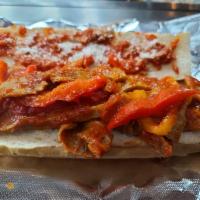 Sausage and Pepper Hero · Delicious Italian sweet sausage slices and sweet yellow and red peppers in a marinara sauce ...