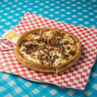 All-Meat Combo Pizza · Pepperoni, ham, beef, sausage, Italian sausage, bacon bits and mozzarella cheese.