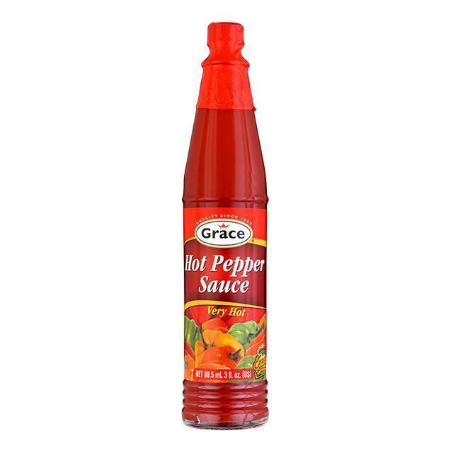 Grace Hot Pepper Sauce (3 oz.) · Grace Hot Pepper Sauce is tasty heat that is guaranteed to put some sweat on your forehead. Splash a few drops on practically anything to add that extra kick!