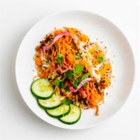1/2 Salad 1/2 Rice and Quinoa Bowl · Rice & quinoa, greens, cabbage, cucumber, pickled carrots, cilantro. Gluten free, vegetarian.