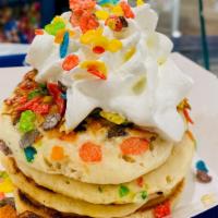 Pancakes · Choose from a classic stack;  fruity pebble pancakes, or banana granola. Served with butter ...