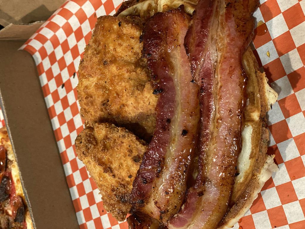 Chicken & Waffles · Buttermilk fried chicken, sriracha honey, double cut bacon, maple syrup