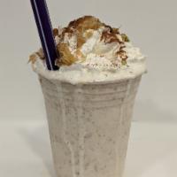 Baklava Blast Shake · Vanilla Ice Cream, Housemade Baklava, honey, cinnamon,  whipped cream.  (Contains Nuts)