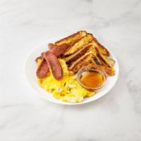 French Toast with Egg, Cheese and Meat · Choice of beef, pork, turkey bacon and choice of beef, turkey or pork sausage.