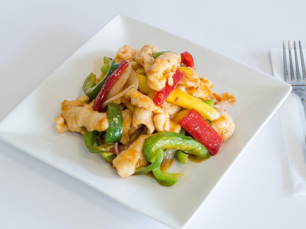 S2. Mango Chicken · Fresh mango, green pepper, red pepper and onion with white meat chicken in homemade special mango sauce. Hot and spicy.