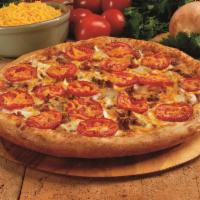 Chicken Fresco Pizza · Grilled chicken, bacon, onions, sliced tomatoes, signature sauce and 3 cheese blend and plus...