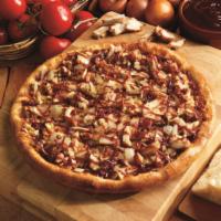 BBQ Chicken Pizza · Grilled chicken, bacon, onions, and our 3 cheese blend, topped with tangy BBQ sauce.