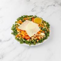 Organic Kale Salad · Granny Smith apple, carrots, chickpea and shaved manchego cheese.