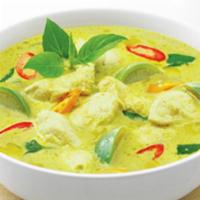 32. Green Curry · Choice of protein in green curry with coconut milk, bamboo shoots, zucchini, bell peppers an...