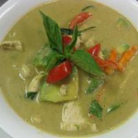 S8. Green Curry with Avocado · Green curry with coconut milk, avocado, zucchini, bell pepper and sweet basil. Spicy, (Rice ...