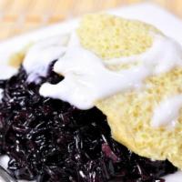 Black Sticky Rice with Thai Custard · Odd looking but yummy, this is a layer of black sticky rice (mildly sweet) topped with famou...