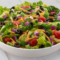 Garden Salad · Lettuce, cheddar, grape tomatoes, red onions, green peppers and black olives.