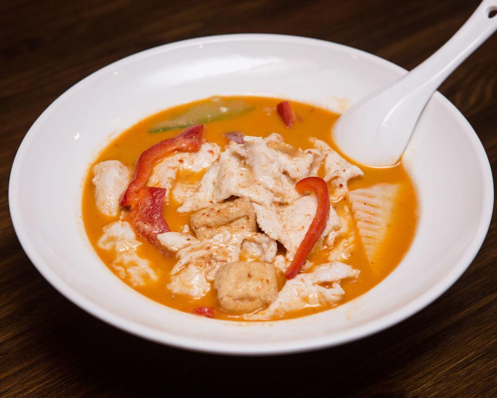 Chicken Red Curry · Served with white rice.