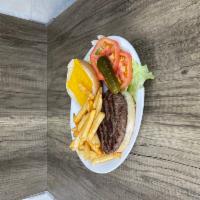 Cheese Burger Deluxe with French Fries  · Deluxe burger platters include: fries, lettuce, red tomato, and pickles. Covered with melted...