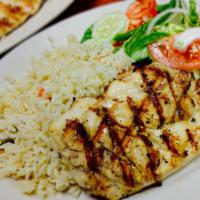 Char Broiled Chicken Breast Dinner · Char-broiled marinated breast of chicken, served with tender and juicy with pita, salad and ...
