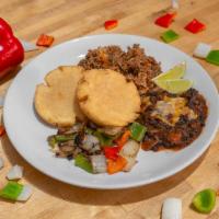 Pulled Pork Arepa Plate · House smoked pulled pork, Two arepas, black bean chili topped with cheese, grilled peppers a...