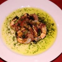 Gamberi Prosciutto con Pesto · Gulf shrimp wrapped in prosciutto di Parma and warm pesto.