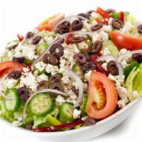 Greek Salad · Feta cheese, kalamata olives, tomatoes, bell peppers, persian cucumbers over a bed of romain...