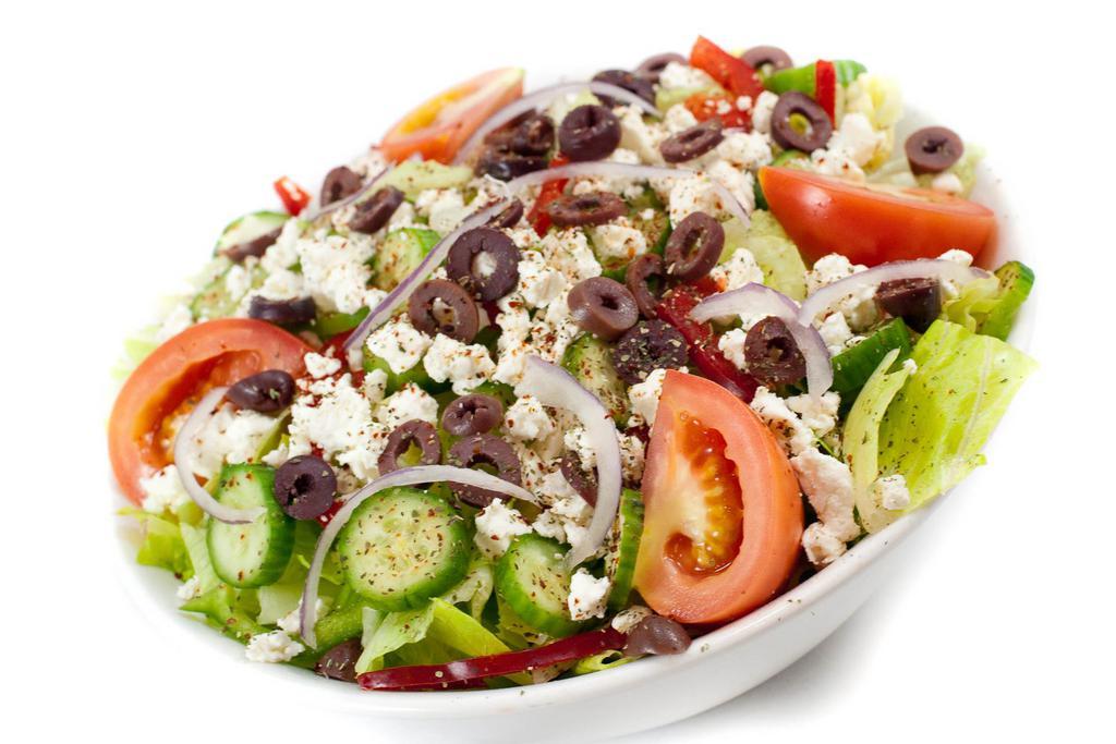 Greek Salad · Feta cheese, kalamata olives, tomatoes, bell peppers, persian cucumbers over a bed of romaine heart lettuce