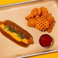 Chili Dogz · Premium Wagyu beef dog topped with chili, queso cheese.