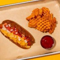 All American · Premium Wagyu beef dog topped with sweet relish, onion rings, ketchup, mustard served in a w...