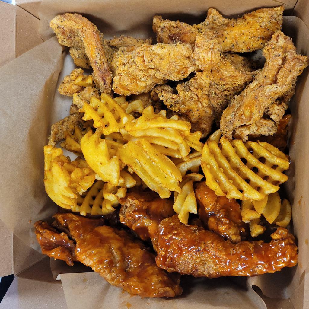 Boneless Wings (16 Pieces - 2 Flavors) · Wings tossed with your choice of flavors and served with your choice of fries, waffle fries or seasoned  yellow rice.