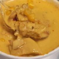 Chicken, Corn, curry, coconut chowder  · Seasoned grilled chicken, fresh chucked corn, coconut milk and yellow curry soup.  Its a lit...
