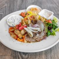 Combo  Lunch Plate · Chicken and lamb with yellow basmati rice, hummus, mediterranaen salad, pita and yogurt sauce.