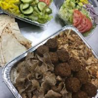 4 People  · Falafel, chicken and beef gyro, rice, fries, 2 salads, pita bread and 2 sauces.