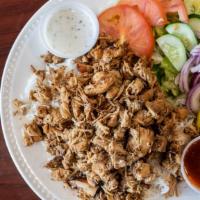 Chicken Gyro Plate · Served with choice of side. Includes: Lettuce, tomatoes, cucumbers, onion and pepperoncini a...