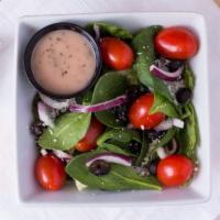 Spinach Salad · Fresh spinach and romaine mix, Feta, red onion, black olives, and tomatoes and your choice o...