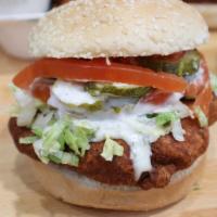 No Clucks Given (can be GF) · GF Chicken Patty with Ranch, Pickles, Tomato, and Lettuce on a Sesame Seed Bun. Can be made ...