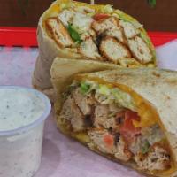 Lil Chick Wrap · GF Chicken Patty Strips, Cheddar Cheeze, Lettuce, Tomato and choice of sauce wrapped in a wa...