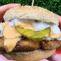 Hot Chick (can be GF) · GF Chik'n Patty with Sriracha Aioli, Ranch, Coleslaw and Pickles on a Sesame Seed Bun. Can b...
